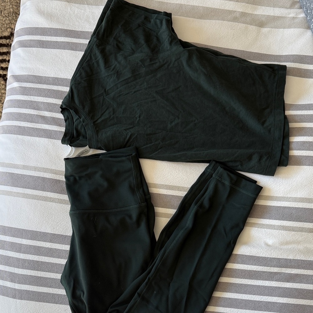 Lululemon Dark Green matching leggings and tshirt